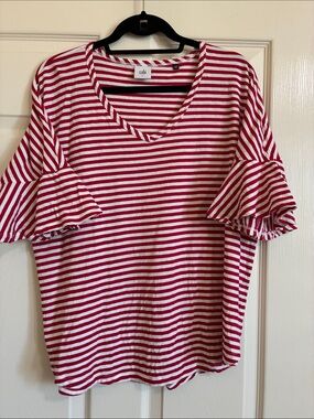 CAbi 5558 Red and White Striped V-Neck Ruffle Sleeve Tee